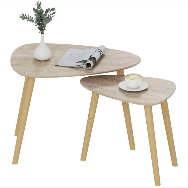Lot de 2 tables basses gigognes design scandinave pieds en bois et plateau en bois
