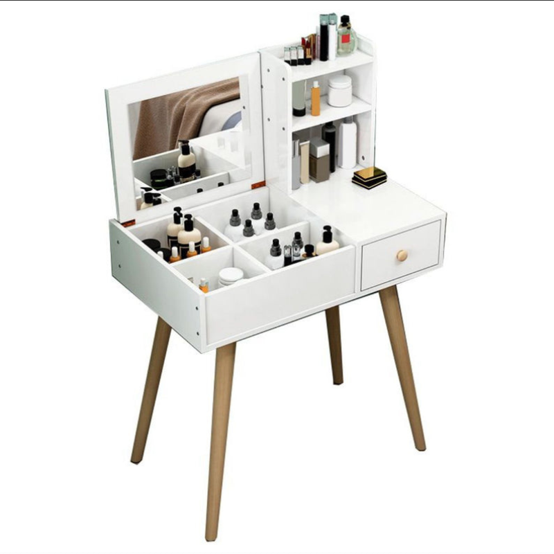 Coiffeuses de bois Blanc pieds en bois massif avec supports de rangement avec chaise