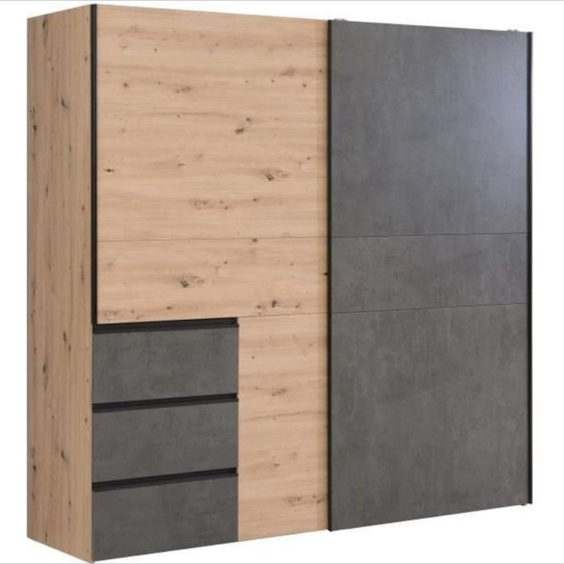 Armoire Grand Format WINN2 – Chêne & Gris Anthracite – 2 Portes Coulissantes & 3 Tiroirs