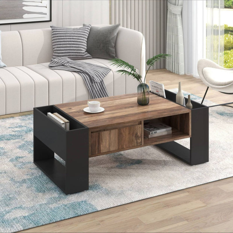Table basse à grain de bois - Table de salon avec tiroirs - Grands treillis de rangement des deux côtés - Style industriel
