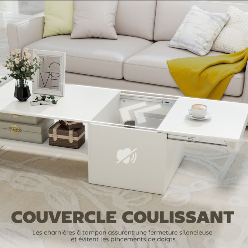 Table basse rectangulaire - table d'appoint plateau coulissant - rangement caché - étagère ouverte