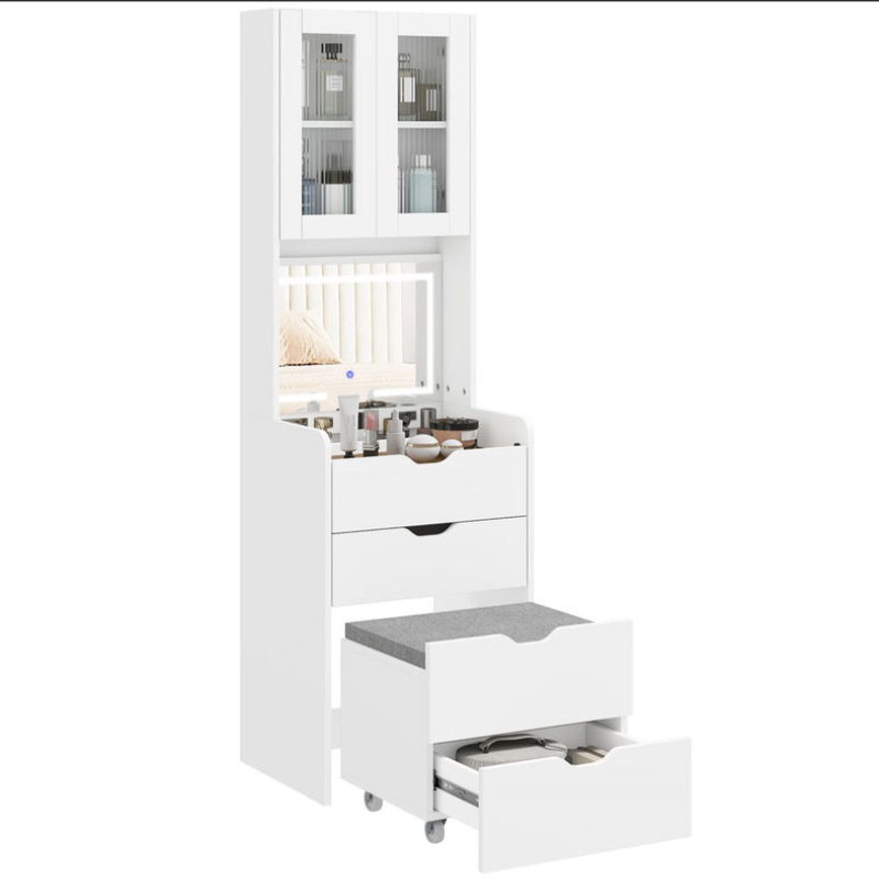Coiffeuses - HOMCOM - Blanc - Maquillage avec étagères  miroir pliant et tabouret rembourré 3 tiroirs étagères