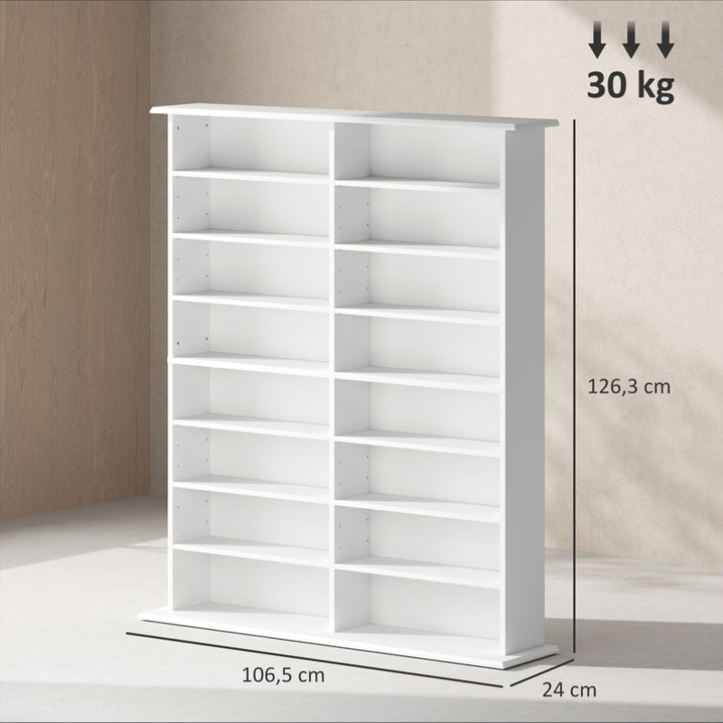 Rangements pour CD et DVD avec 16 compartiments et 12 étagères réglables, capacité max. 720 CD/396 DVD et Blu-ray