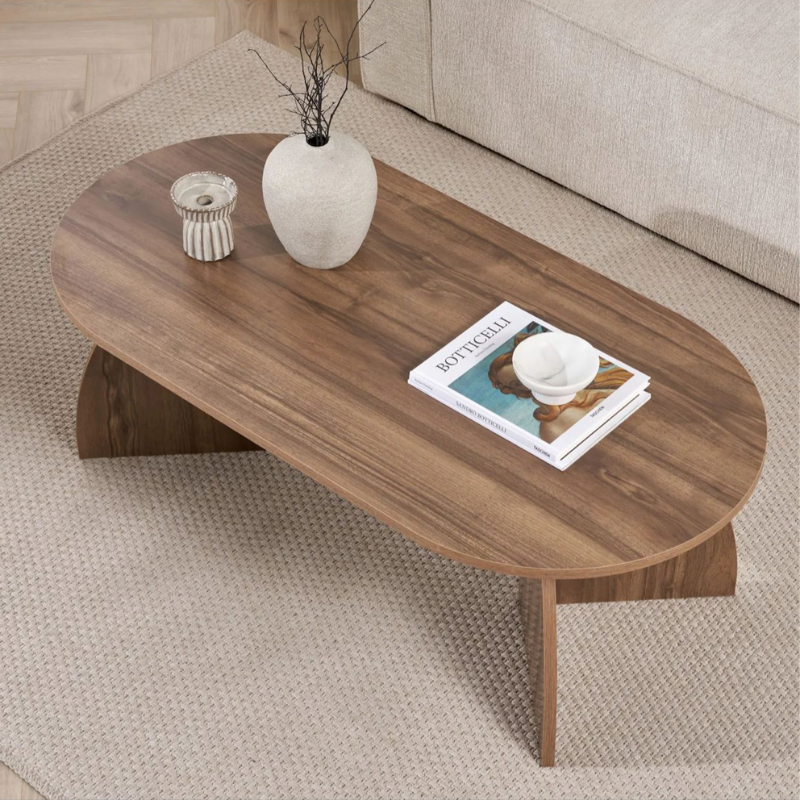 Table basse ovale - pieds courbes (Noir / Chêne / Noyer)