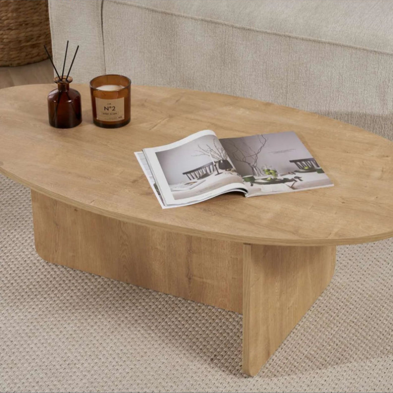 Table basse moderne ovale - Pied en T (Noir / Chêne / Noyer)