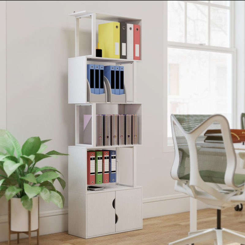 Bibliothèque à 5 niveaux, meuble de rangement avec étagères et placard double porte