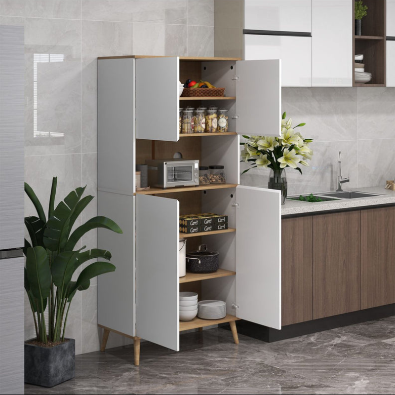 Buffet de cuisine armoire de rangement 2 placards avec porte étagères réglables niche centrale 2 passe-câbles blanc
