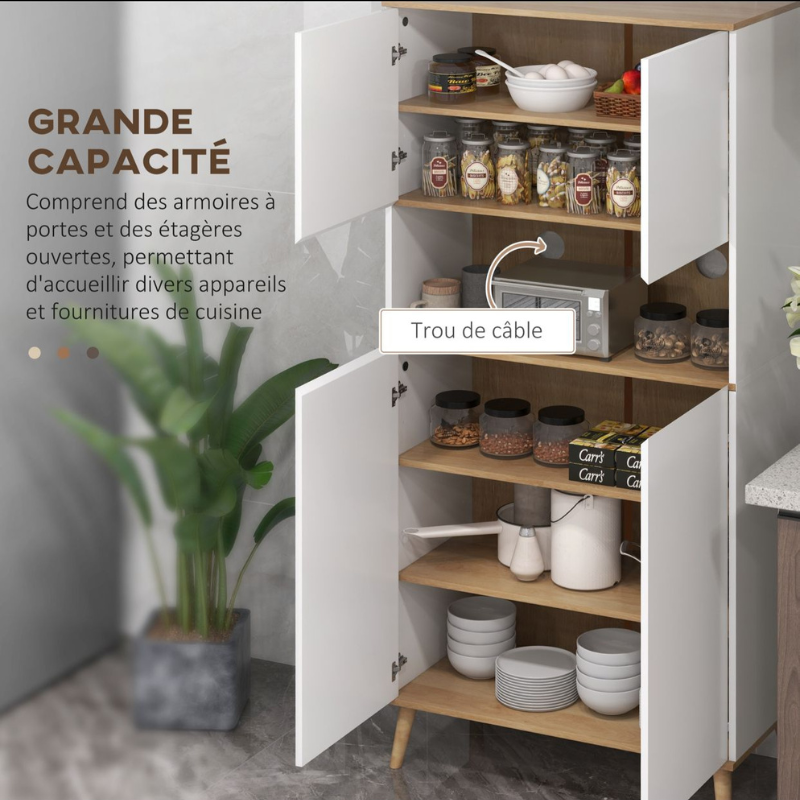 Buffet de cuisine armoire de rangement 2 placards avec porte étagères réglables niche centrale 2 passe-câbles blanc