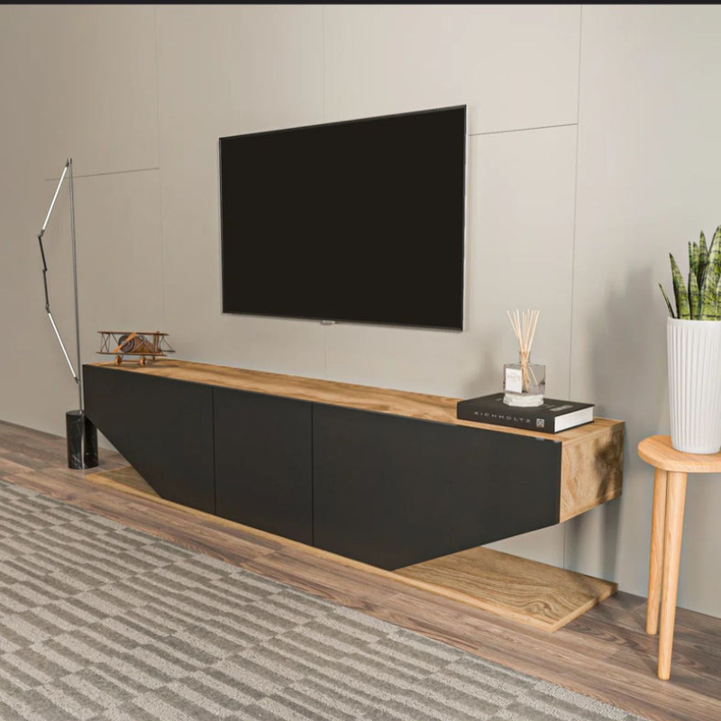 Meuble TV moderne - Pearl - pour téléviseurs jusqu'à 71 chêne et Gris 180cm