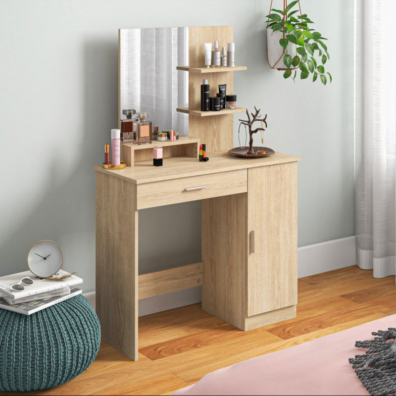 Coiffeuse de Chambre Polyvalente – Érable – avec Armoire, Miroir & Étagères