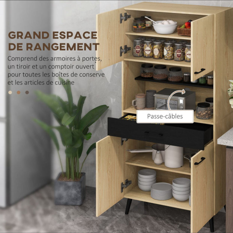 Armoire de cuisine multi-rangements avec tiroir 2 placards étagères réglables - Noir et Chêne