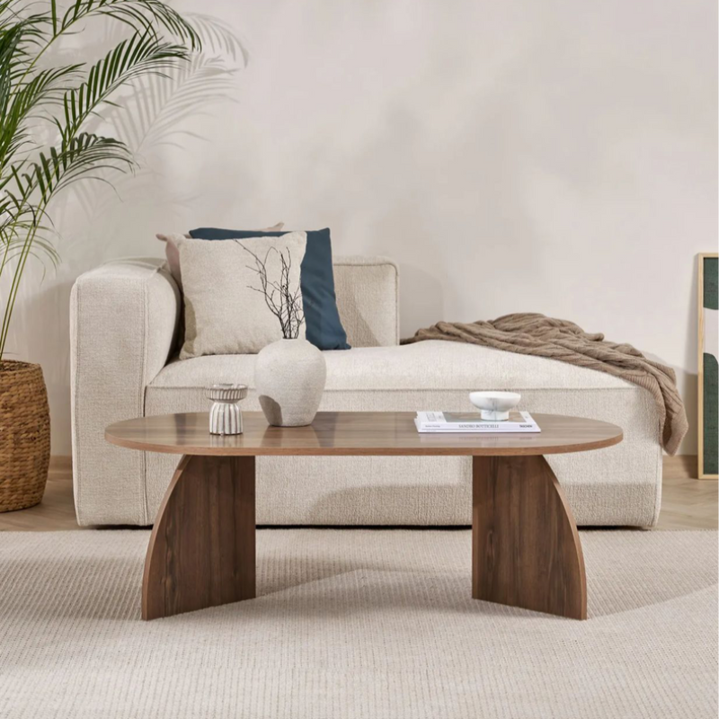 Table basse ovale - pieds courbes (Noir / Chêne / Noyer)