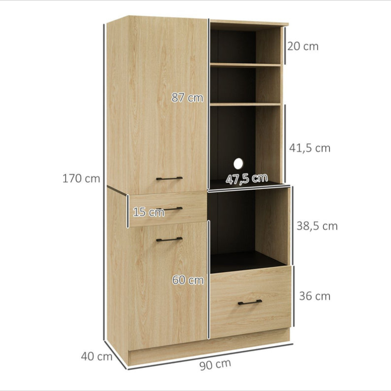 Armoire meuble de cuisine avec 2 tiroirs 2 placards 4 niches étagères réglables et passe-câbles H170 cm - Chêne et Noir