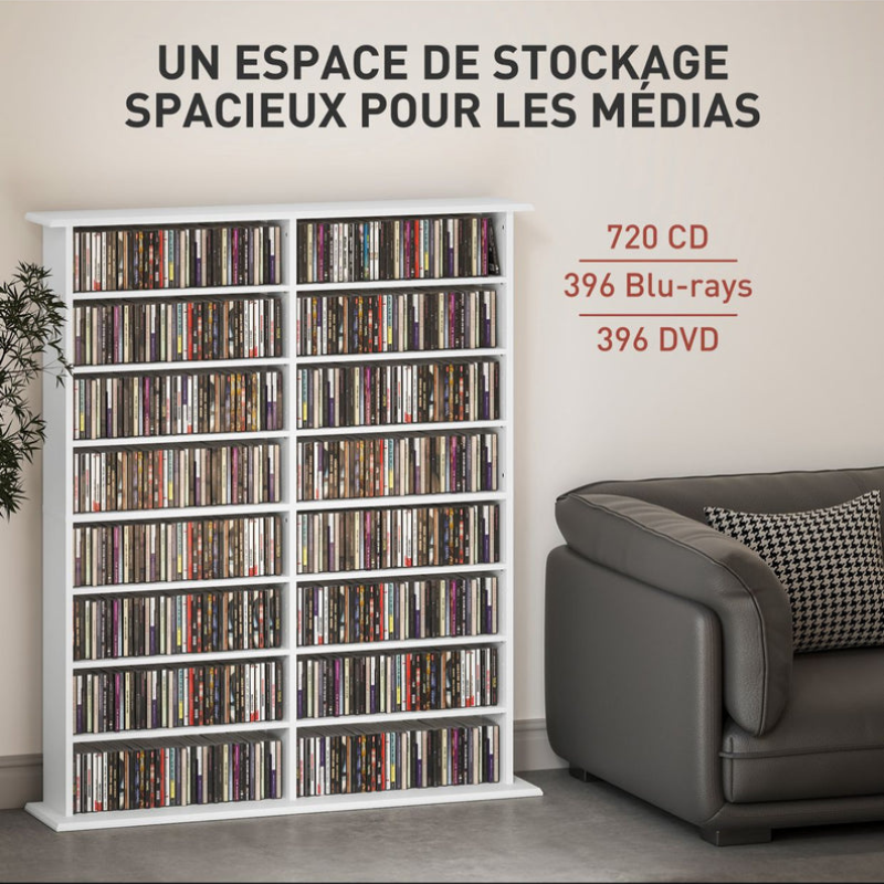Rangements pour CD et DVD avec 16 compartiments et 12 étagères réglables, capacité max. 720 CD/396 DVD et Blu-ray