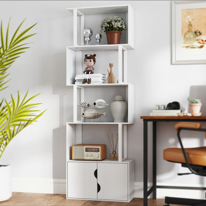 Bibliothèque à 5 niveaux, meuble de rangement avec étagères et placard double porte