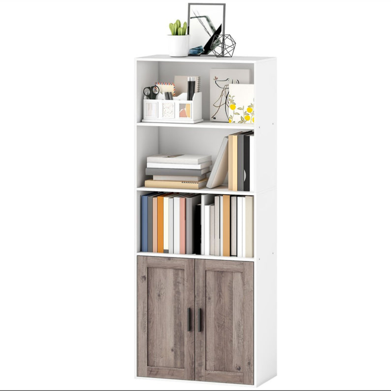 Bibliothèque meuble de rangement 5 niveaux avec compartiments ouverts et 1 placard