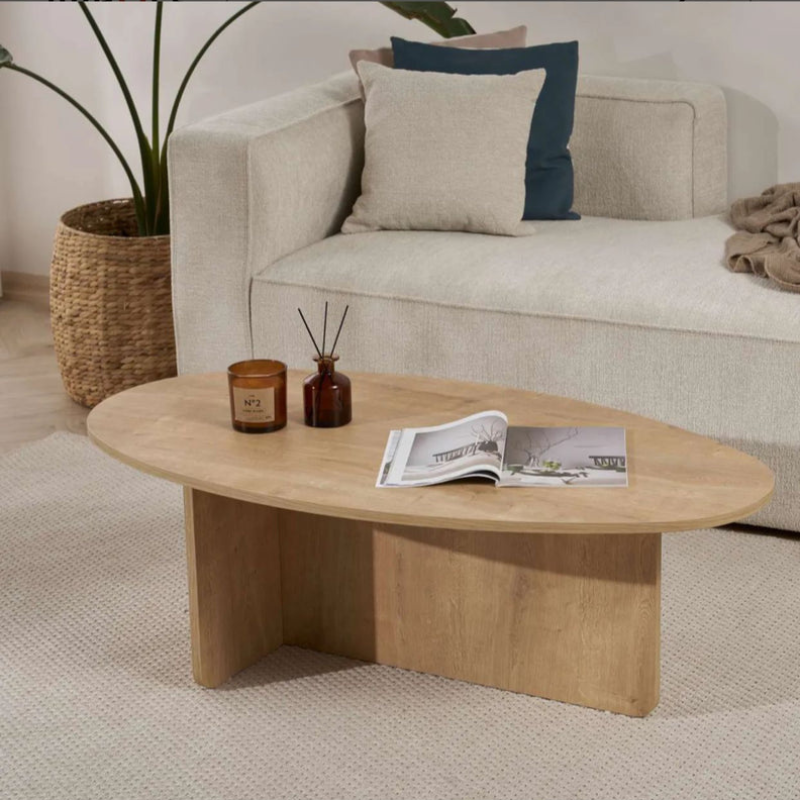 Table basse moderne ovale - Pied en T (Noir / Chêne / Noyer)