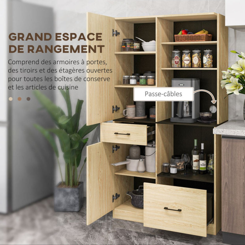 Armoire meuble de cuisine avec 2 tiroirs 2 placards 4 niches étagères réglables et passe-câbles H170 cm - Chêne et Noir