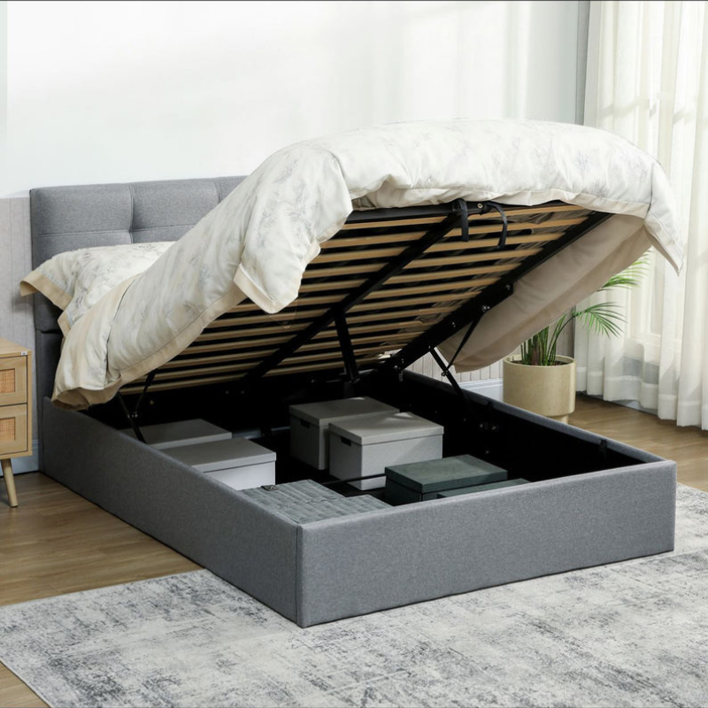 HOMCOM Lit coffre 140x190, cadre de lit double rembourré avec sommier à lattes en bois et rangement caché