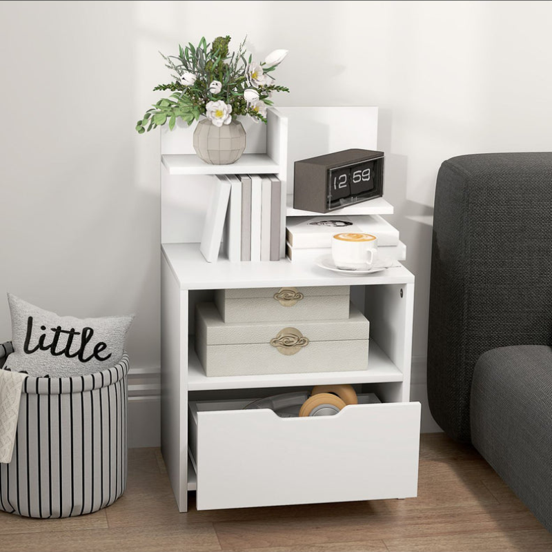 Table de chevet table de nuit avec tiroir, niche et étagères de rangement effet bois - blanc