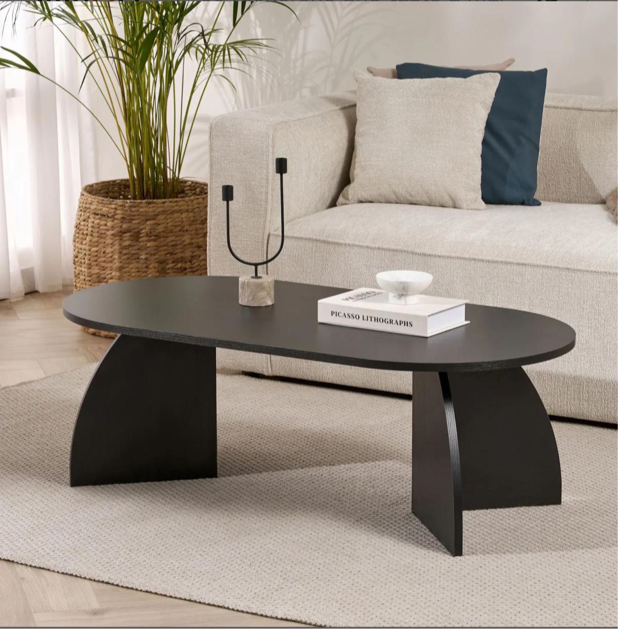 Table basse ovale - pieds courbes (Noir / Chêne / Noyer)