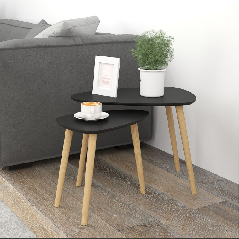 Lot de 2 tables basses gigognes design scandinave pieds en bois et plateau en bois
