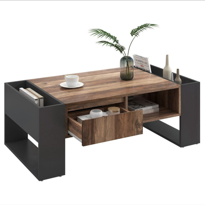 Table basse à grain de bois - Table de salon avec tiroirs - Grands treillis de rangement des deux côtés - Style industriel