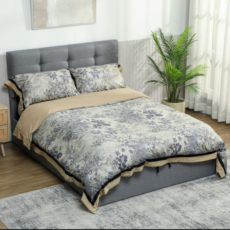 HOMCOM Lit coffre 140x190, cadre de lit double rembourré avec sommier à lattes en bois et rangement caché