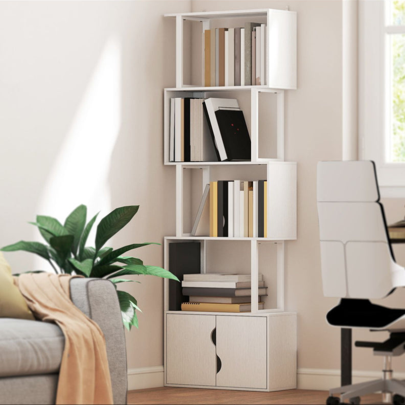 Bibliothèque à 5 niveaux, meuble de rangement avec étagères et placard double porte