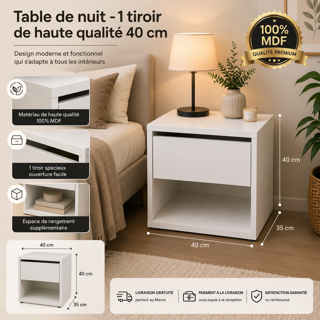 Table de nuit minimaliste - 1 tiroir (40 cm)