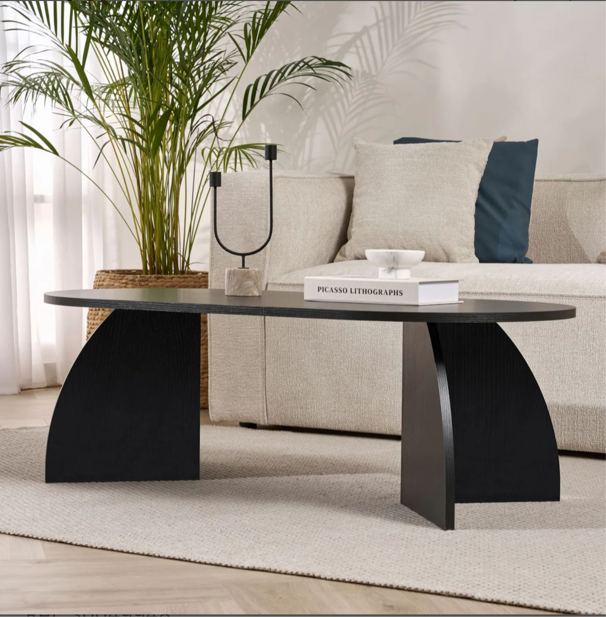 Table basse ovale - pieds courbes (Noir / Chêne / Noyer)