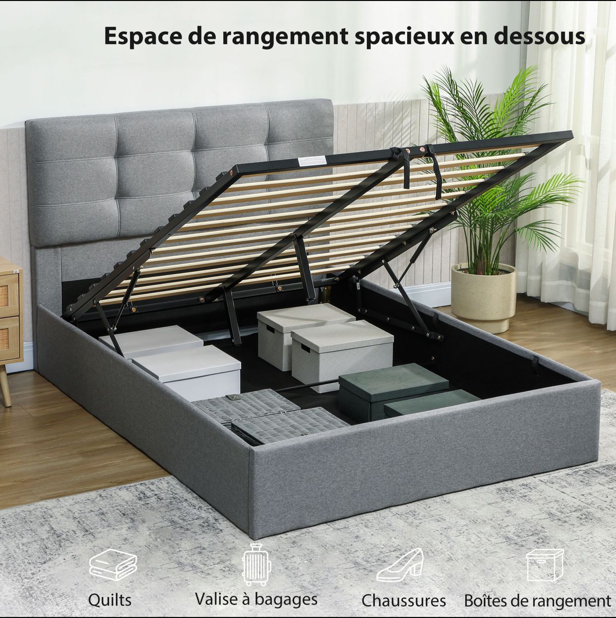 HOMCOM Lit coffre 140x190, cadre de lit double rembourré avec sommier à lattes en bois et rangement caché