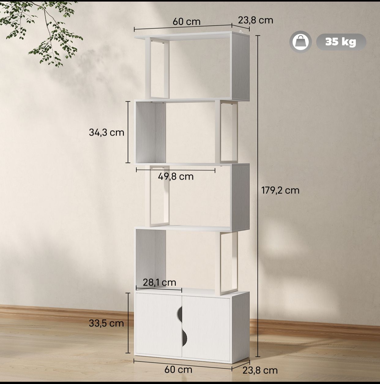 Bibliothèque à 5 niveaux, meuble de rangement avec étagères et placard double porte