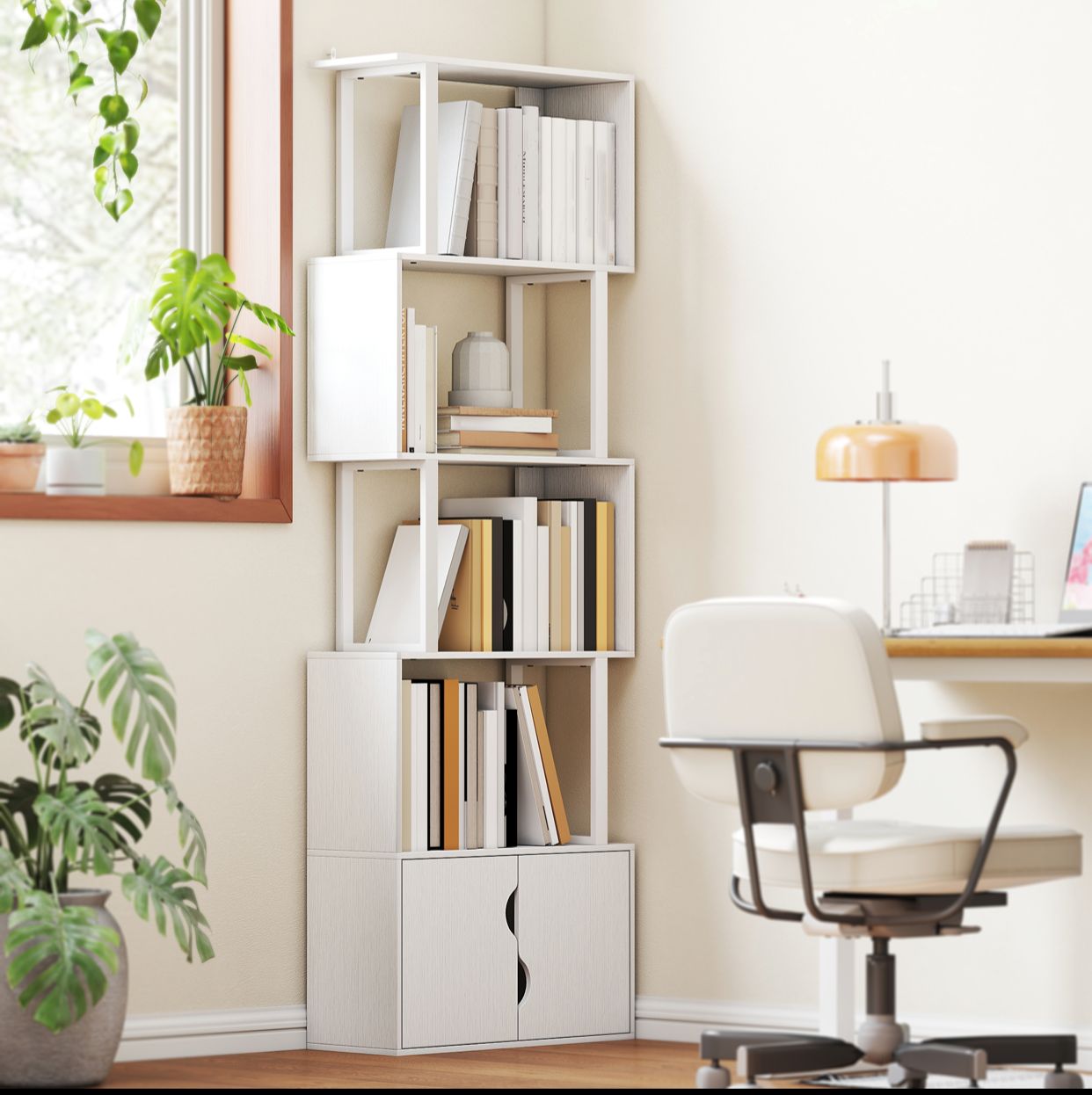 Bibliothèque à 5 niveaux, meuble de rangement avec étagères et placard double porte