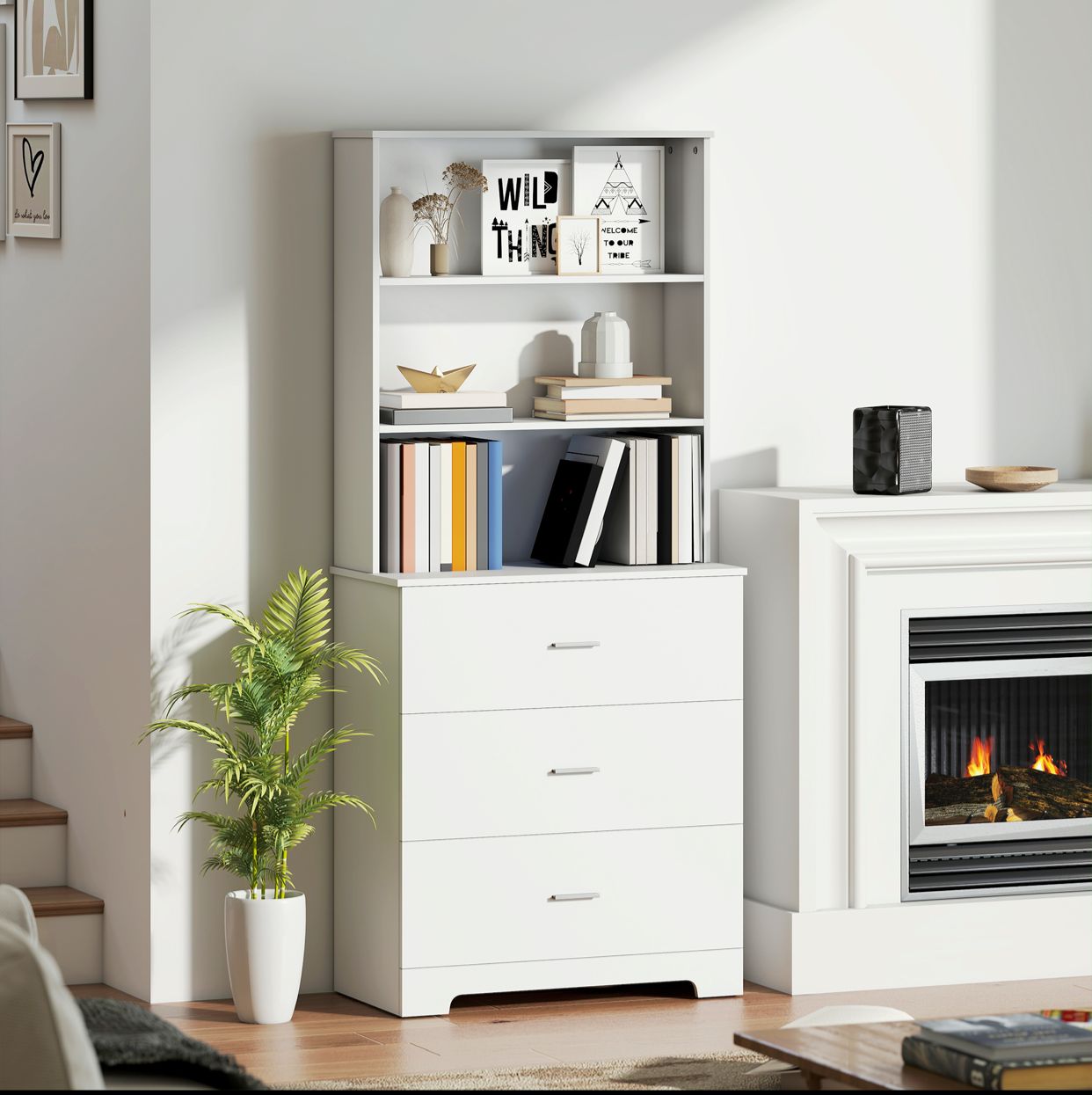 Bibliothèque à 6 niveaux, meuble de rangement avec 3 tiroirs et 3 étagères ouvertes