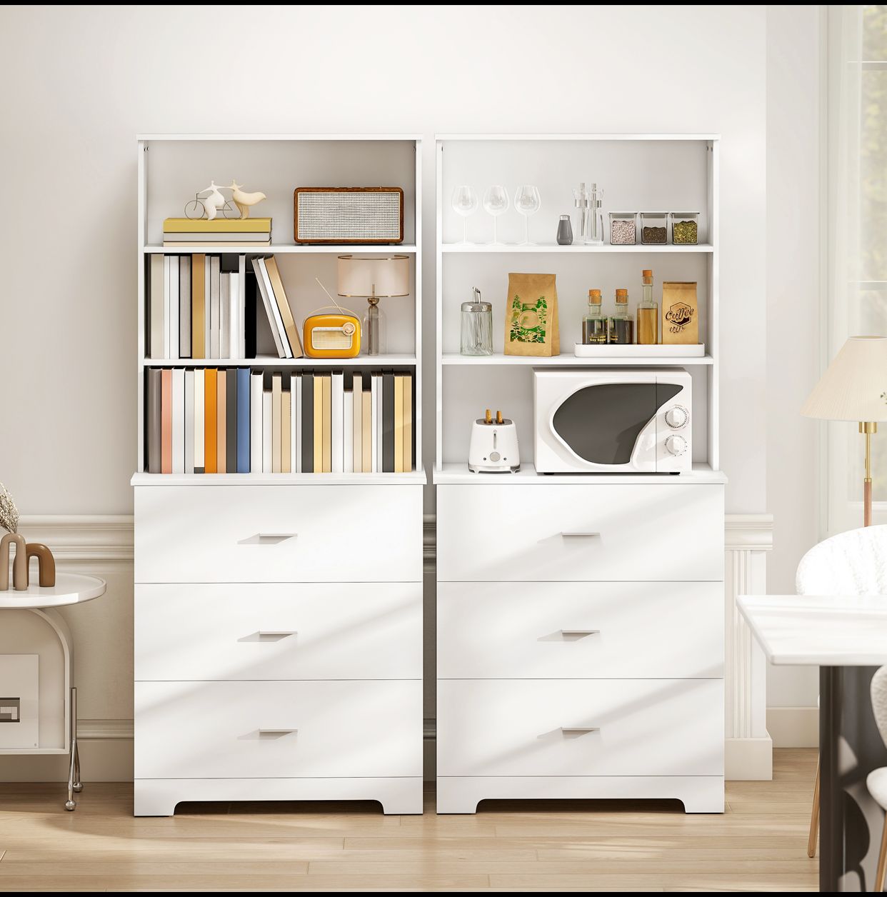 Bibliothèque à 6 niveaux, meuble de rangement avec 3 tiroirs et 3 étagères ouvertes