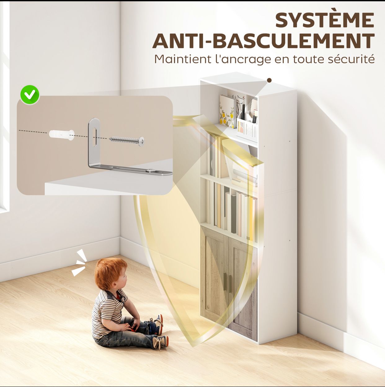Bibliothèque meuble de rangement 5 niveaux avec compartiments ouverts et 1 placard