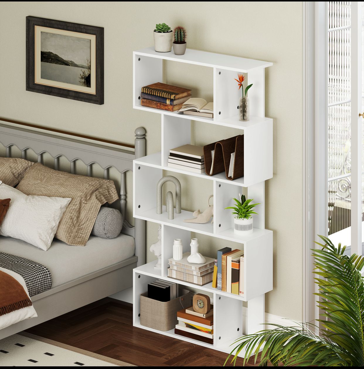 Bibliothèque Asymétrique en S à 5 Niveaux avec 10 Étagères Ouvertes, en Bois