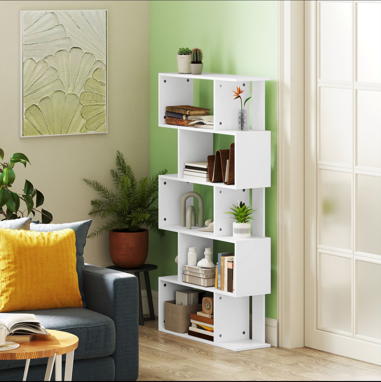 Bibliothèque Asymétrique en S à 5 Niveaux avec 10 Étagères Ouvertes, en Bois