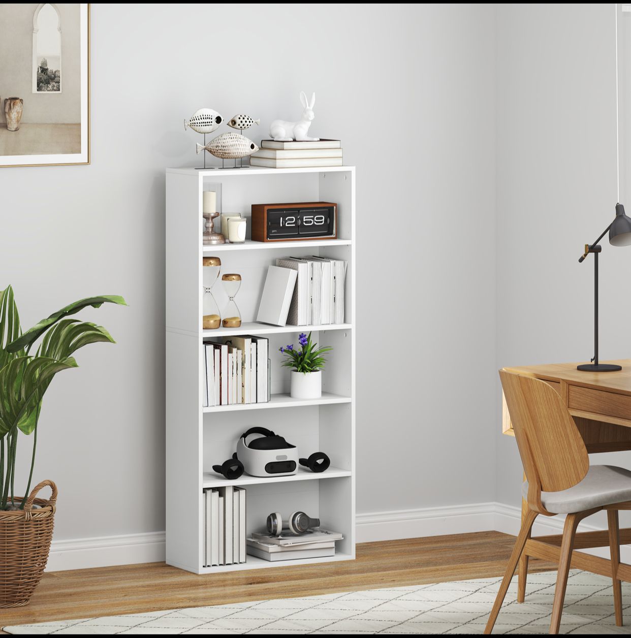 Bibliothèque à 5 étagères avec 3 étagères ajustables, en bois