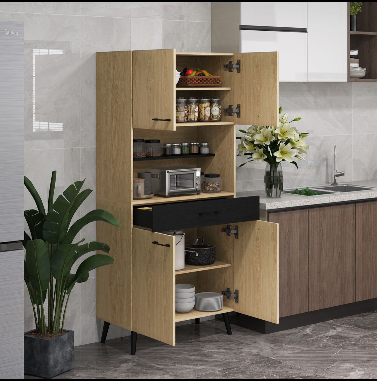 Armoire de cuisine multi-rangements avec tiroir 2 placards étagères réglables - Noir et Chêne