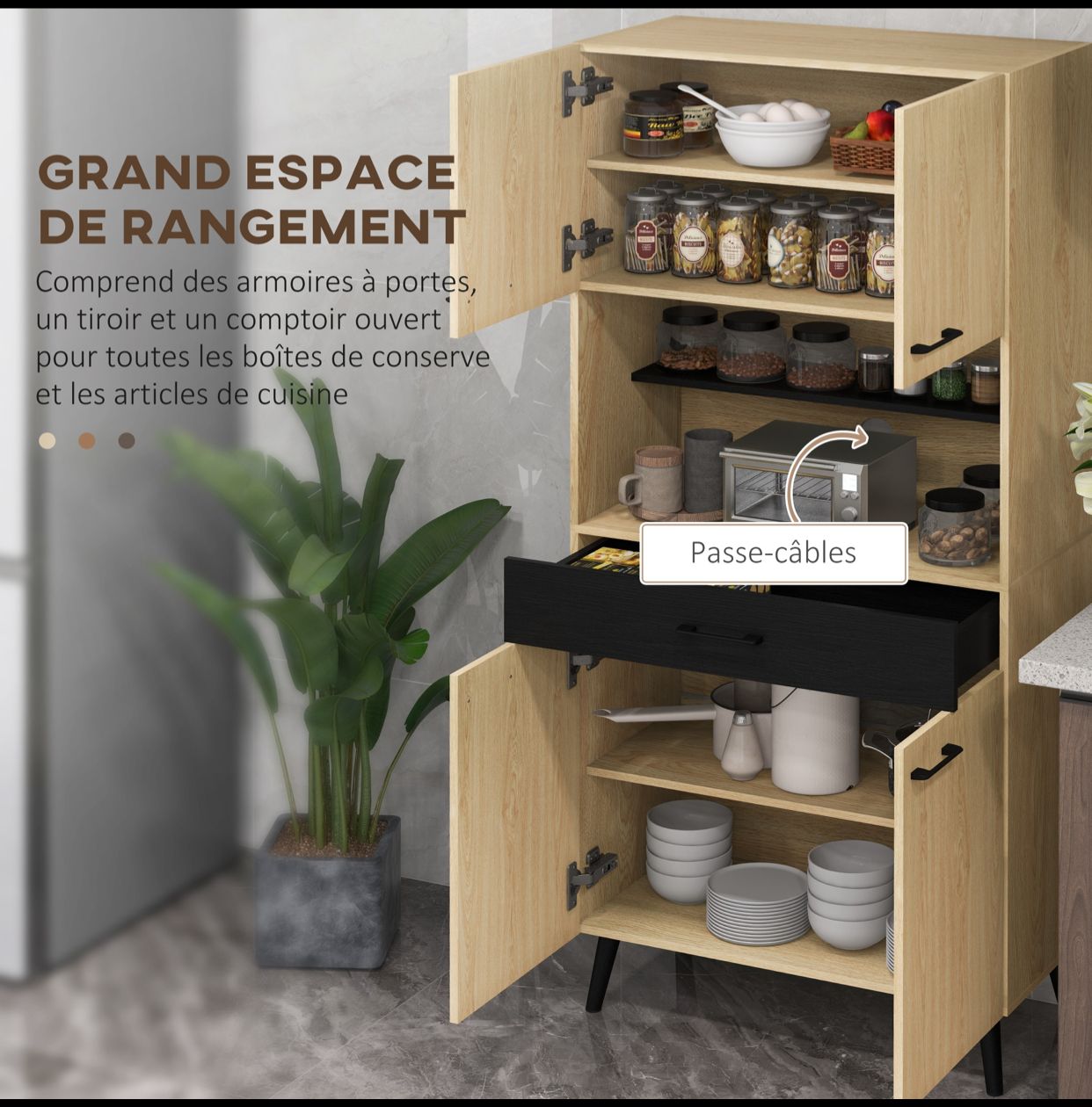 Armoire de cuisine multi-rangements avec tiroir 2 placards étagères réglables - Noir et Chêne