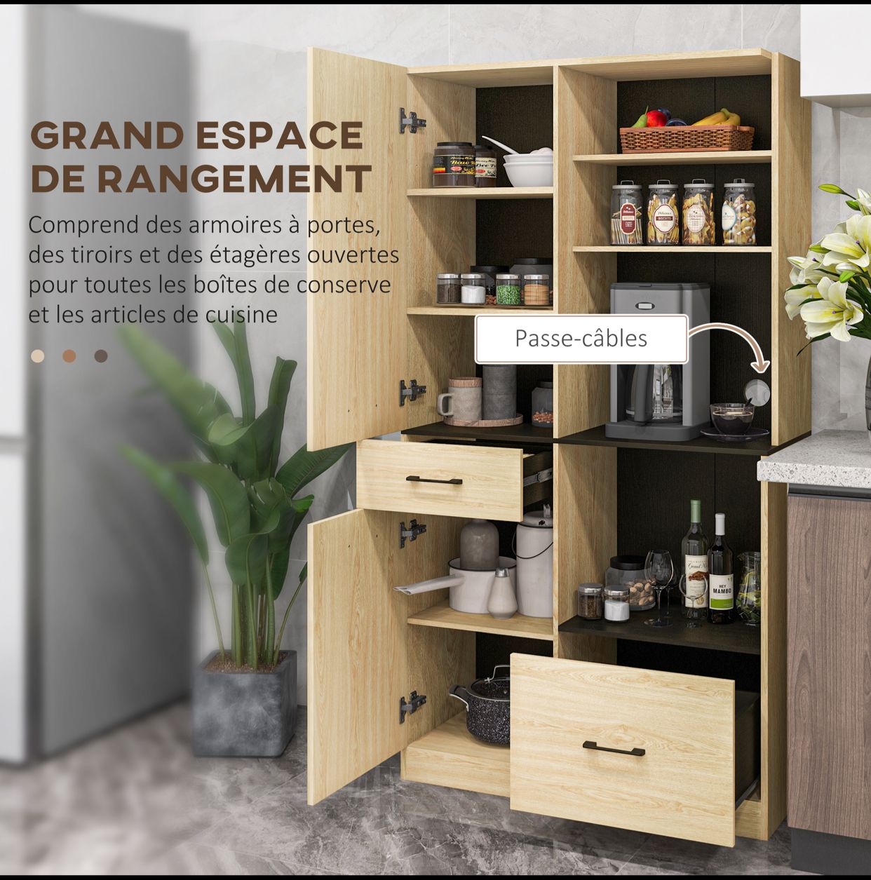 Armoire meuble de cuisine avec 2 tiroirs 2 placards 4 niches étagères réglables et passe-câbles H170 cm - Chêne et Noir