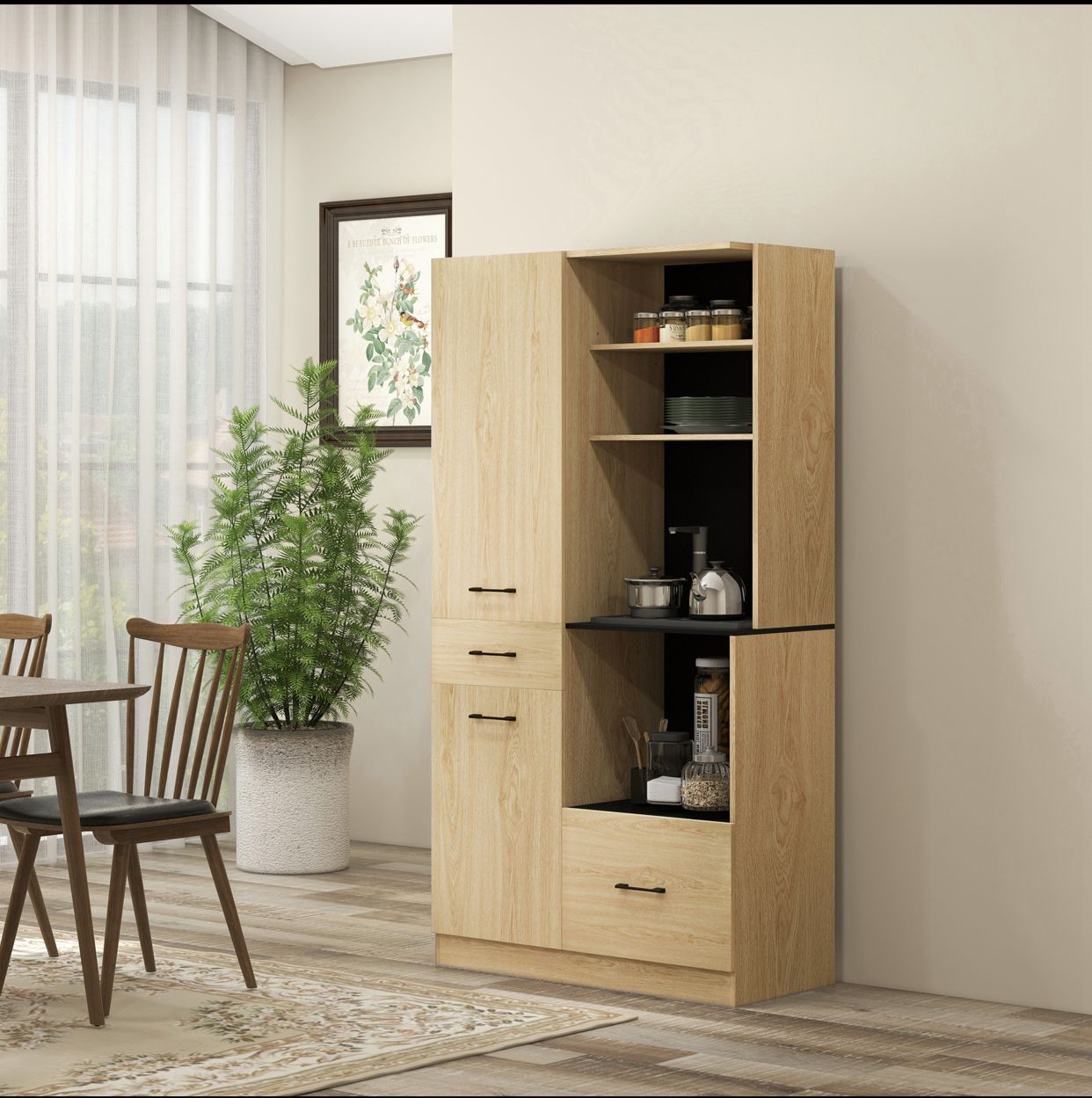 Armoire meuble de cuisine avec 2 tiroirs 2 placards 4 niches étagères réglables et passe-câbles H170 cm - Chêne et Noir
