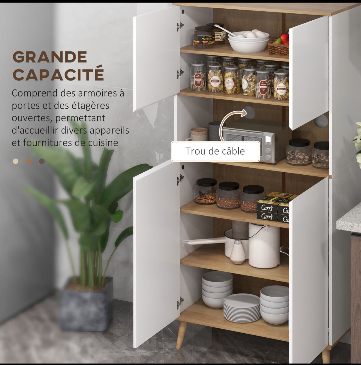 Buffet de cuisine armoire de rangement 2 placards avec porte étagères réglables niche centrale 2 passe-câbles blanc