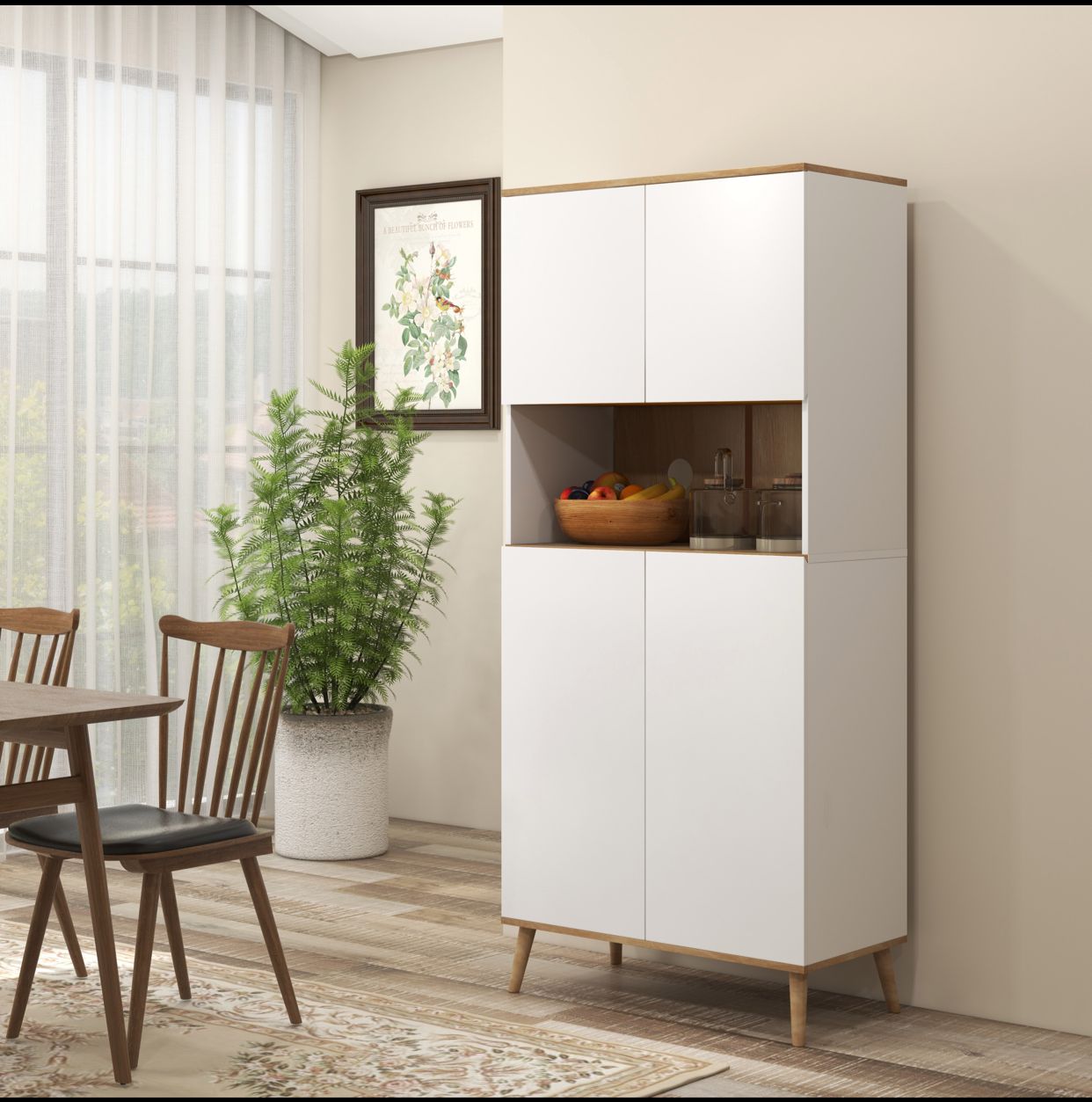 Buffet de cuisine armoire de rangement 2 placards avec porte étagères réglables niche centrale 2 passe-câbles blanc