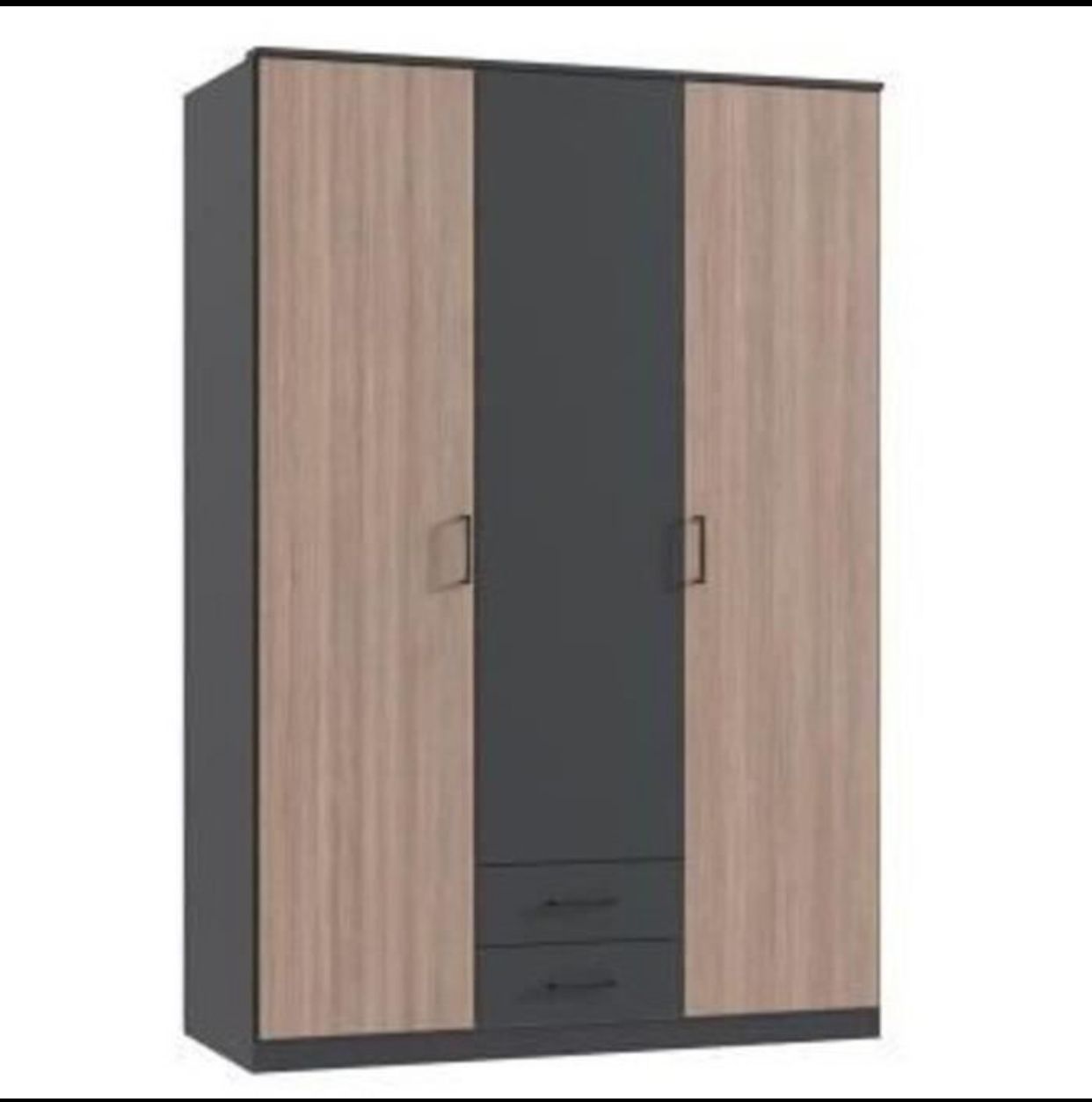 Armoire AGIA – Décor Gris & Chêne – 3 Portes Battantes & 2 Tiroirs