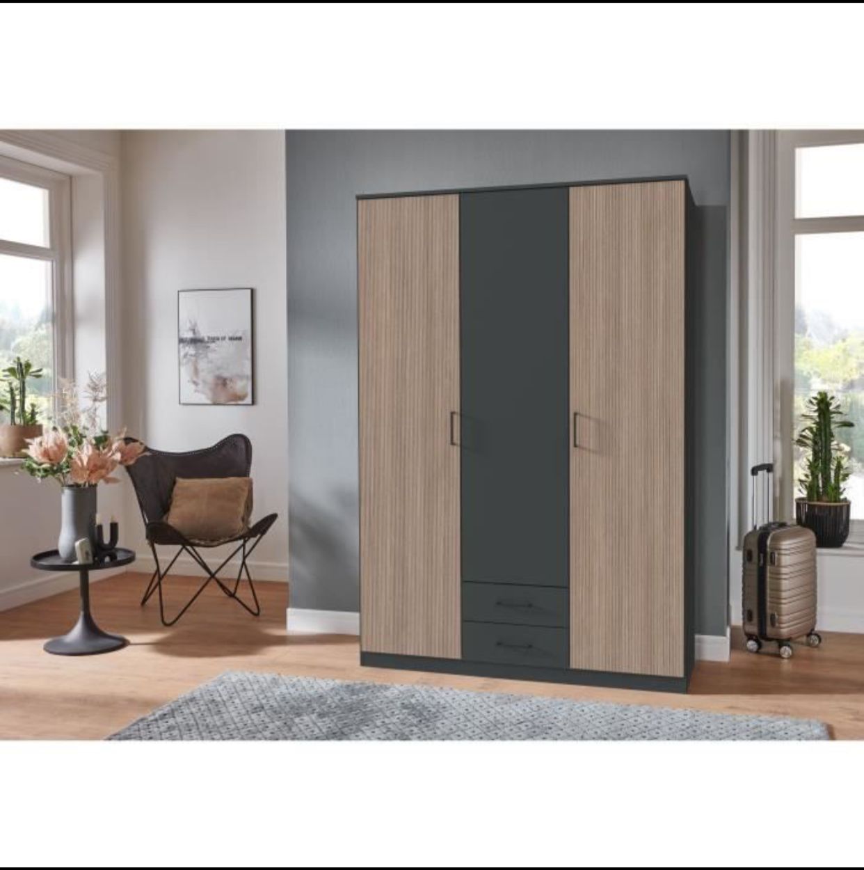 Armoire AGIA – Décor Gris & Chêne – 3 Portes Battantes & 2 Tiroirs