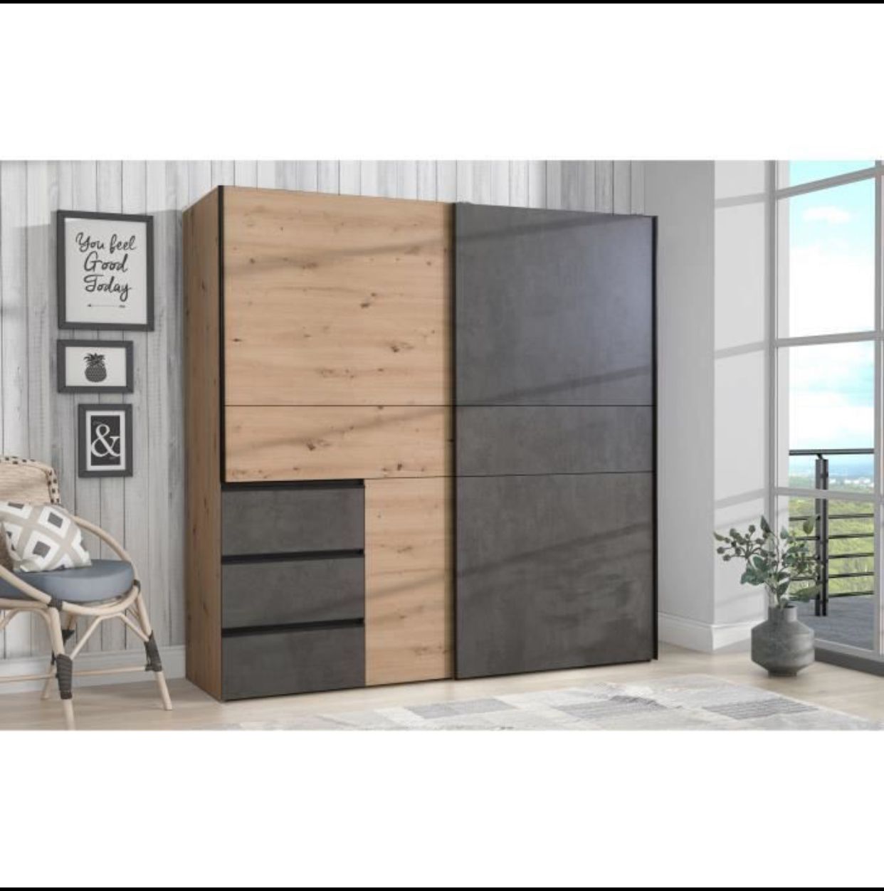 Armoire Grand Format WINN2 – Chêne & Gris Anthracite – 2 Portes Coulissantes & 3 Tiroirs