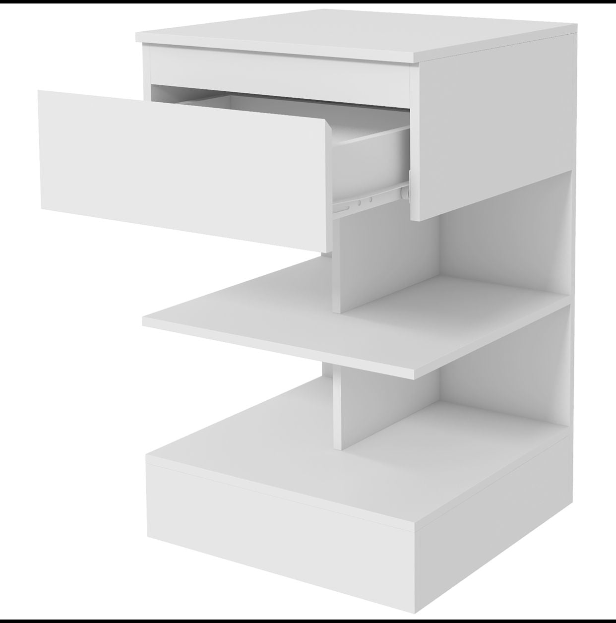 Table de Chevet Moderne avec un Tiroir et 2 Étagères - Blanc